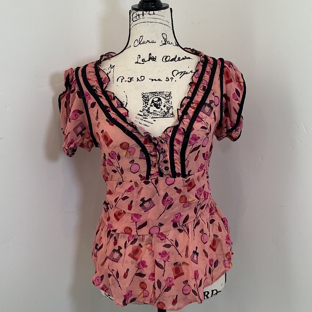 Maeve Anthropologie Anisa Perfume Floral Smocked Peplum Top Pink S Velvet Trim